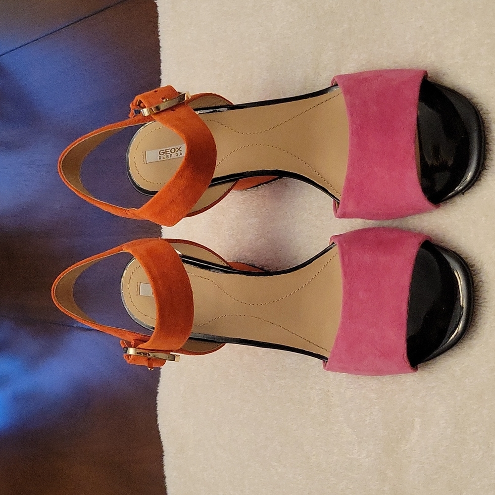 Geox Two-Tone Pink and Orange Suede Block Heel Sandals
